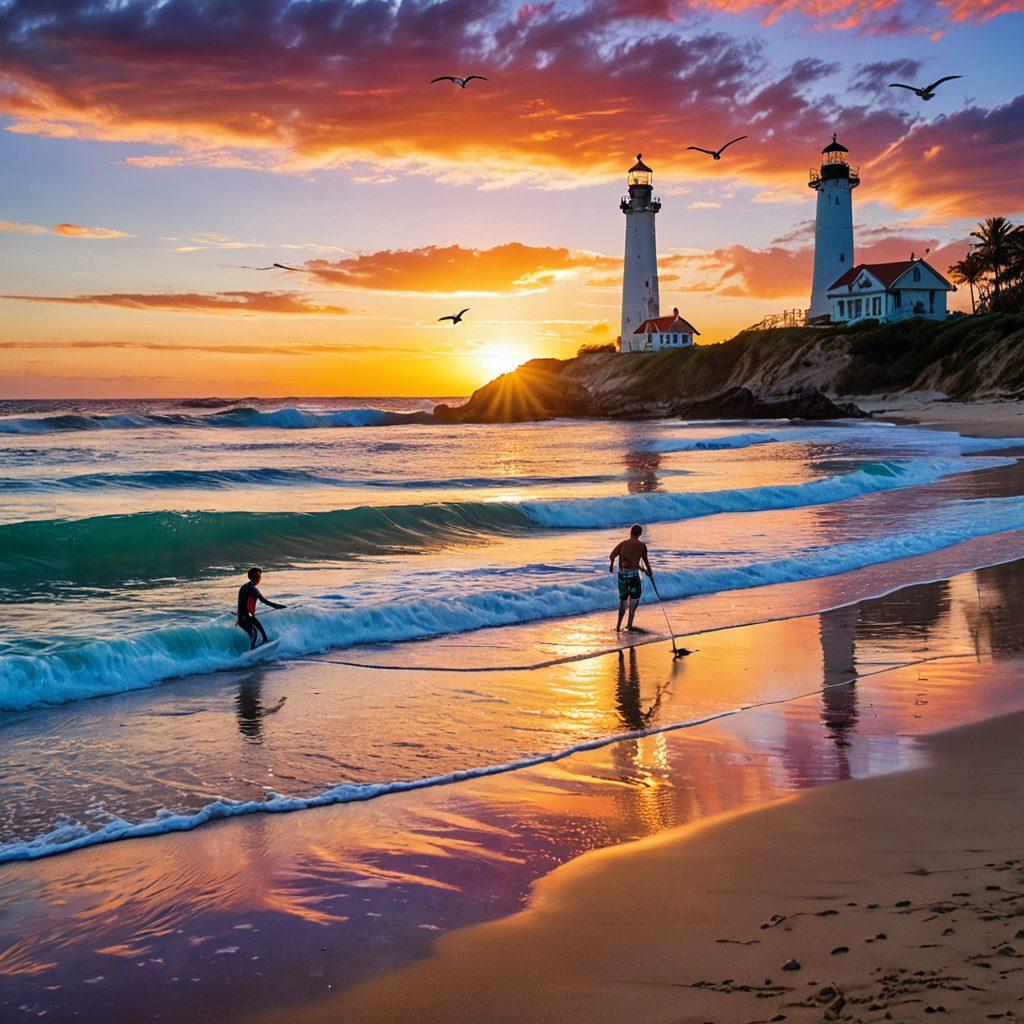 A serene coastal scene featuring rolling waves gently crashing on a sandy beach, with a picturesque lighthouse in the background. Include a group of adventurous travelers wearing beach gear, enjoying various activities like surfing, paddle boarding, and snorkeling. The sky is clear with fluffy clouds and a radiant sunset casting warm hues over the scene. Add elements of marine life like dolphins and seagulls to accentuate the nautical theme. vibrant colors. super-realistic.