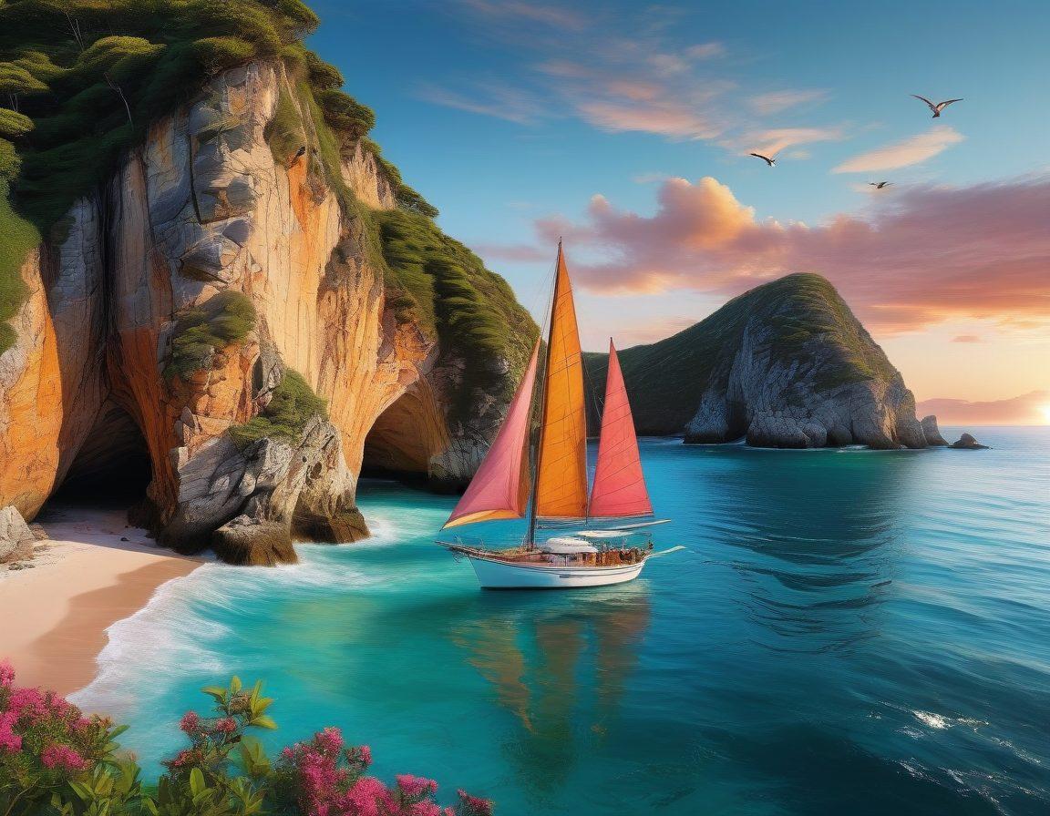A majestic sailboat gliding over crystal-clear turquoise waters, with a backdrop of rugged coastal cliffs and lush greenery. The sky is painted with a stunning orange and pink sunset, while cheerful adventurers aboard the boat are pointing towards a distant hidden cove. Add whimsical sea creatures peeking from the water and birds soaring above, capturing the essence of adventure. vibrant colors. super-realistic. scenic coastline.
