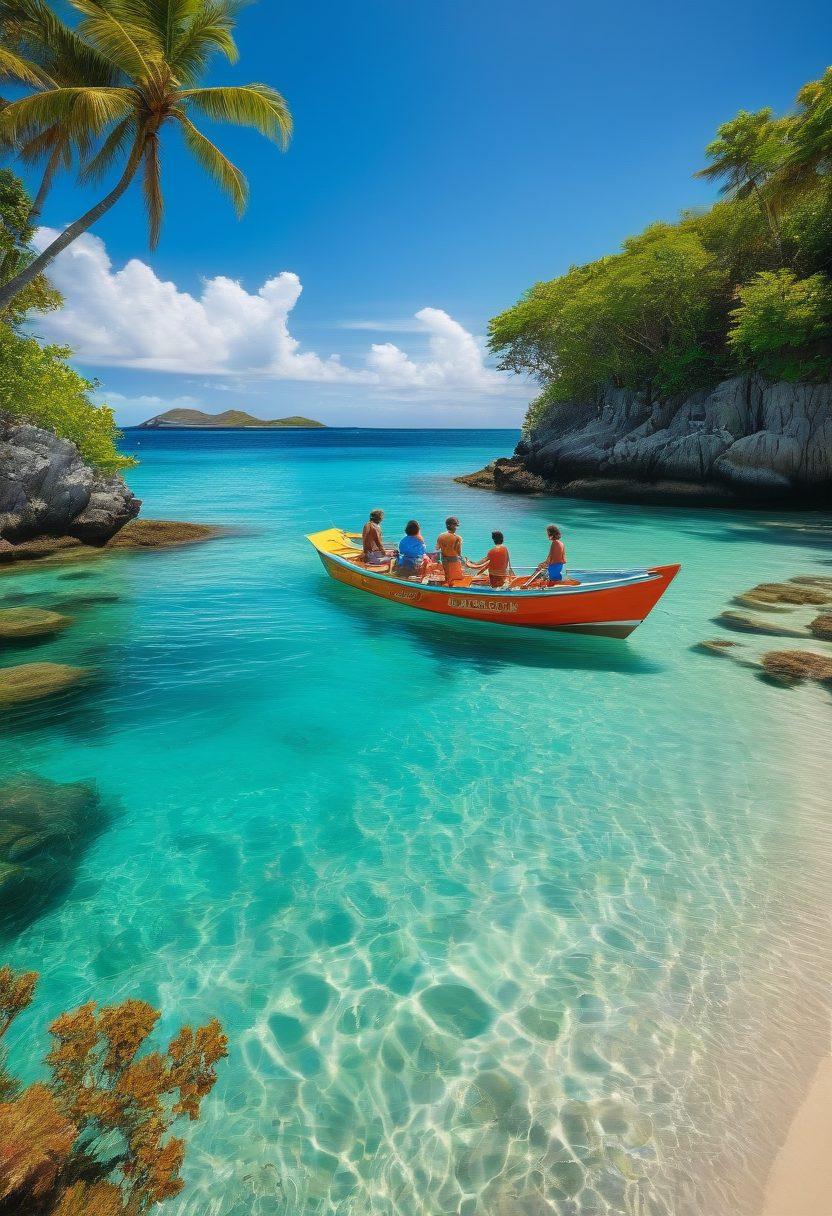 A vibrant coastal scene showcasing a diverse group of people engaged in various water activities: a couple island hopping on a colorful boat, children fishing off the shore, and a family snorkeling among coral reefs. The background features lush tropical islands under a clear blue sky, with gentle waves lapping at the sandy beach. The image should evoke a sense of adventure and fun in the sun. vibrant colors. super-realistic.